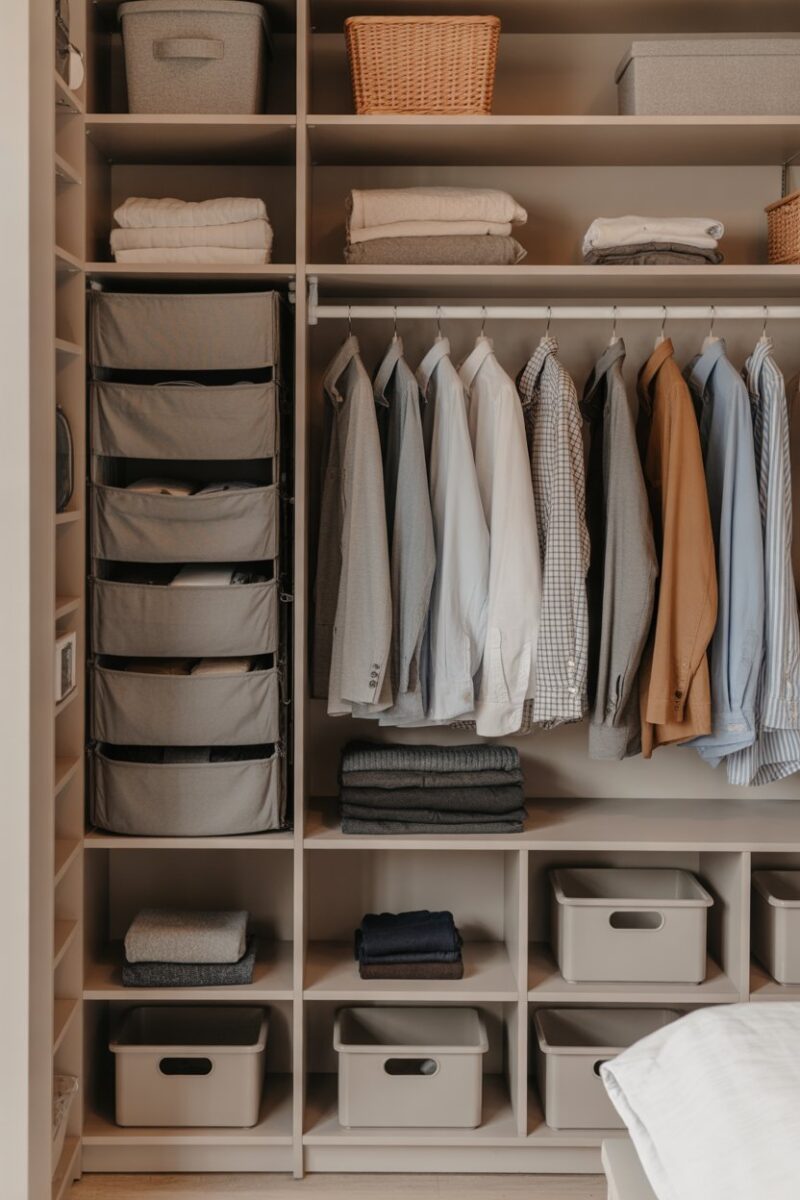 Organized dorm closet with shelves and hanging storage