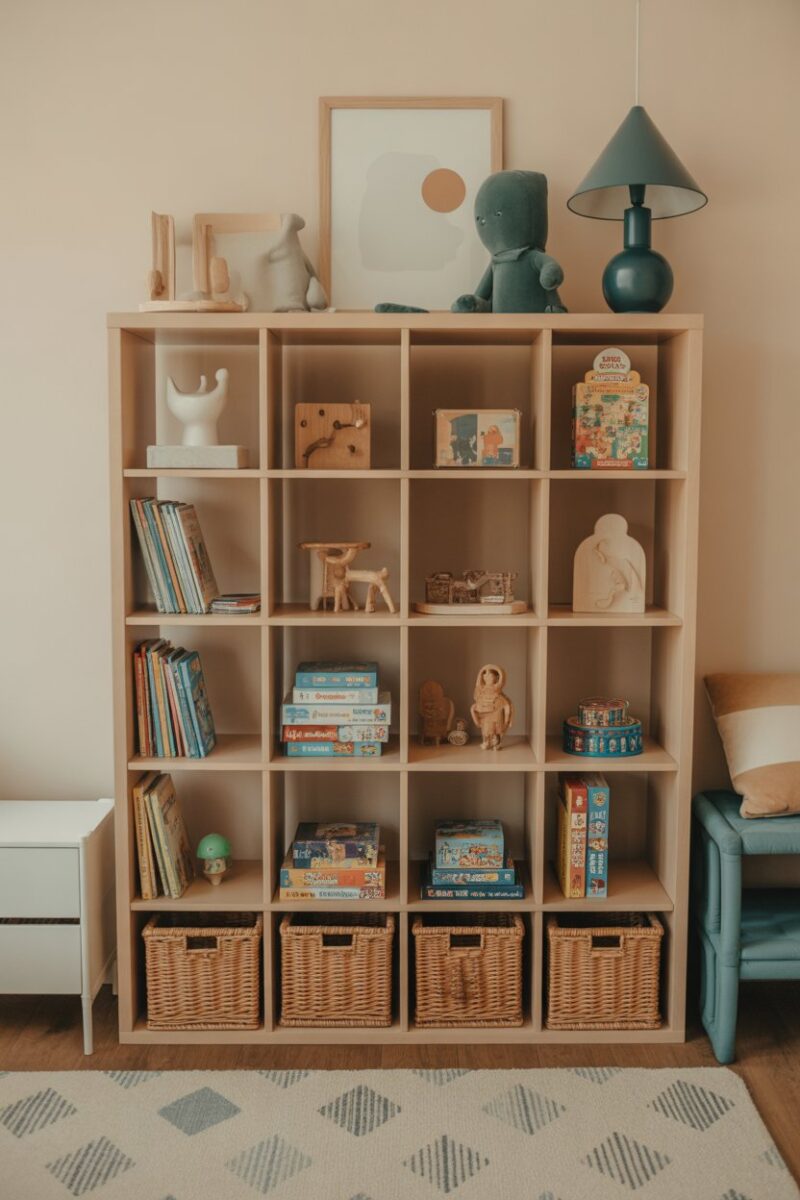 An organized shelf with puzzles, games, and books in a child's room.