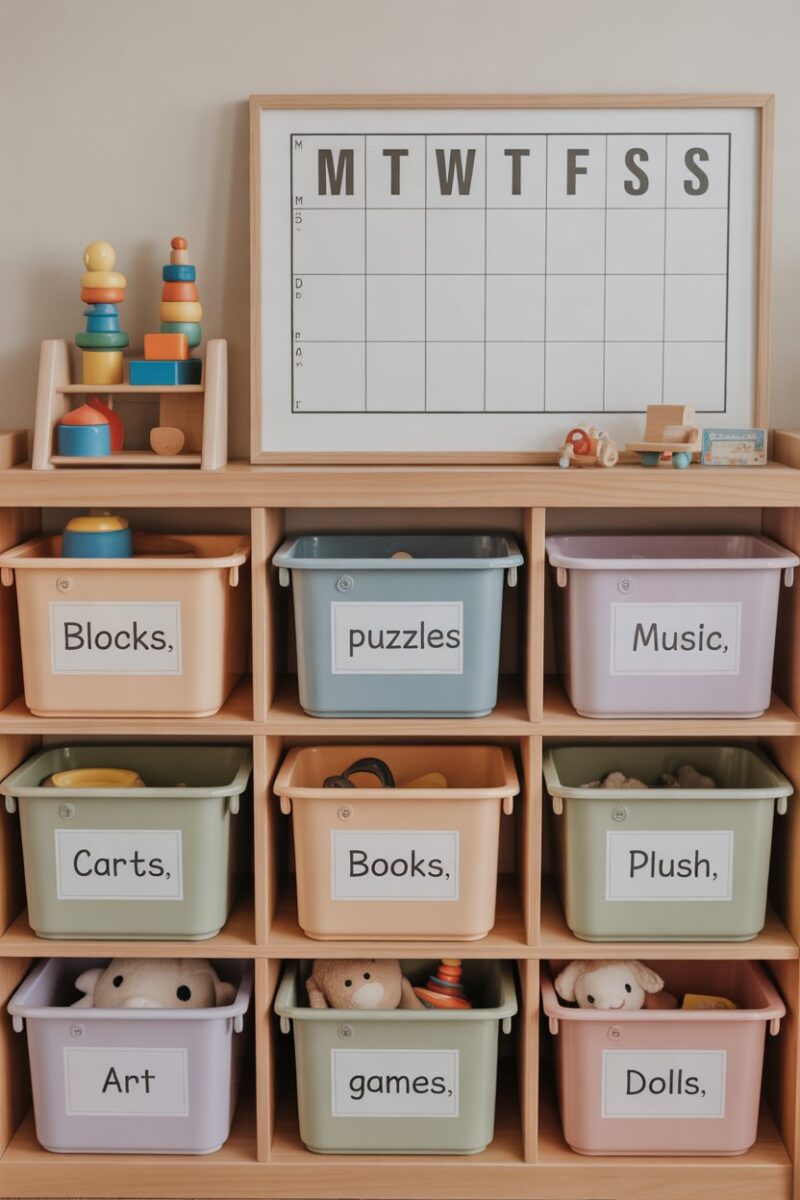 Organized toy rotation system with labeled bins and a schedule.
