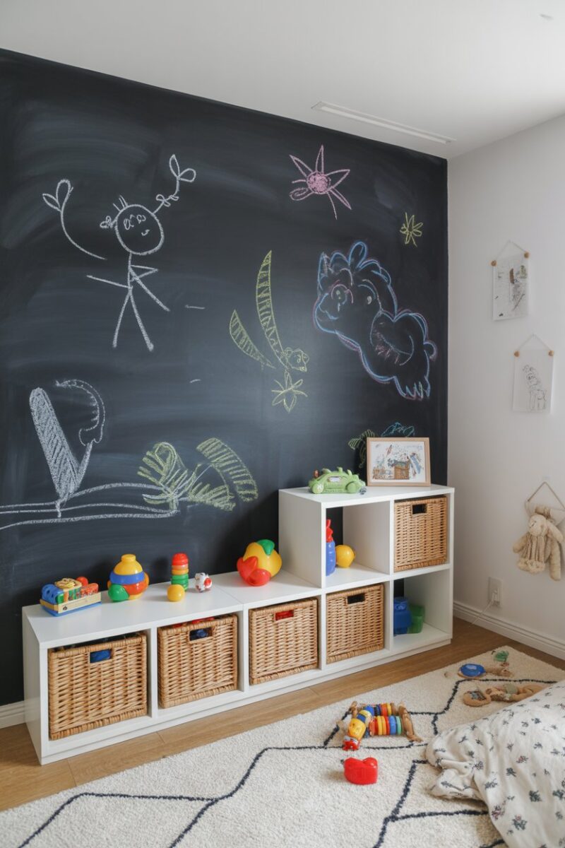 Chalkboard wall with drawings and organized toy storage in a child's bedroom.