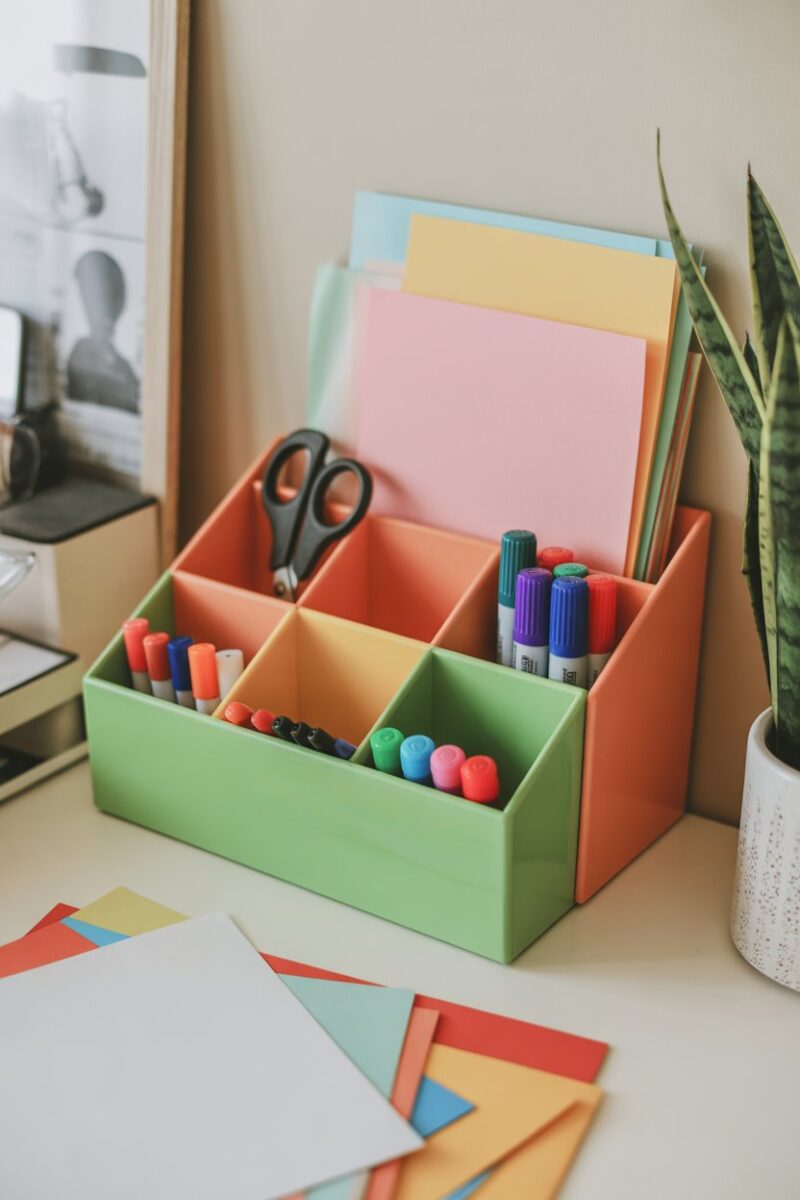 Colorful craft supply caddy with markers, scissors, and papers organized on a desk.