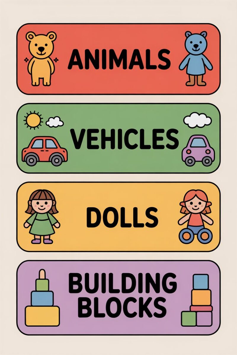 Colorful labels for organizing children's toys, featuring animals, vehicles, dolls, and building blocks.