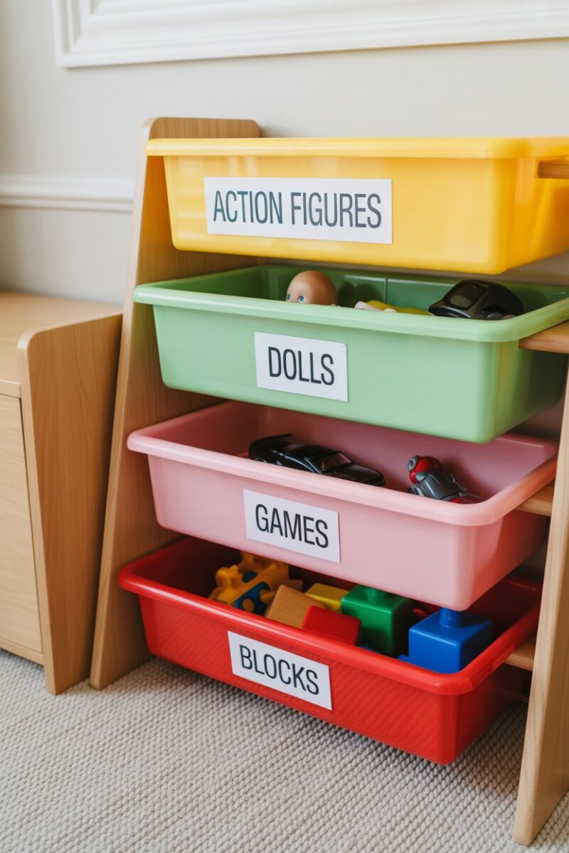 Colorful toy sorting bins labeled for action figures, dolls, cars, games, and blocks.
