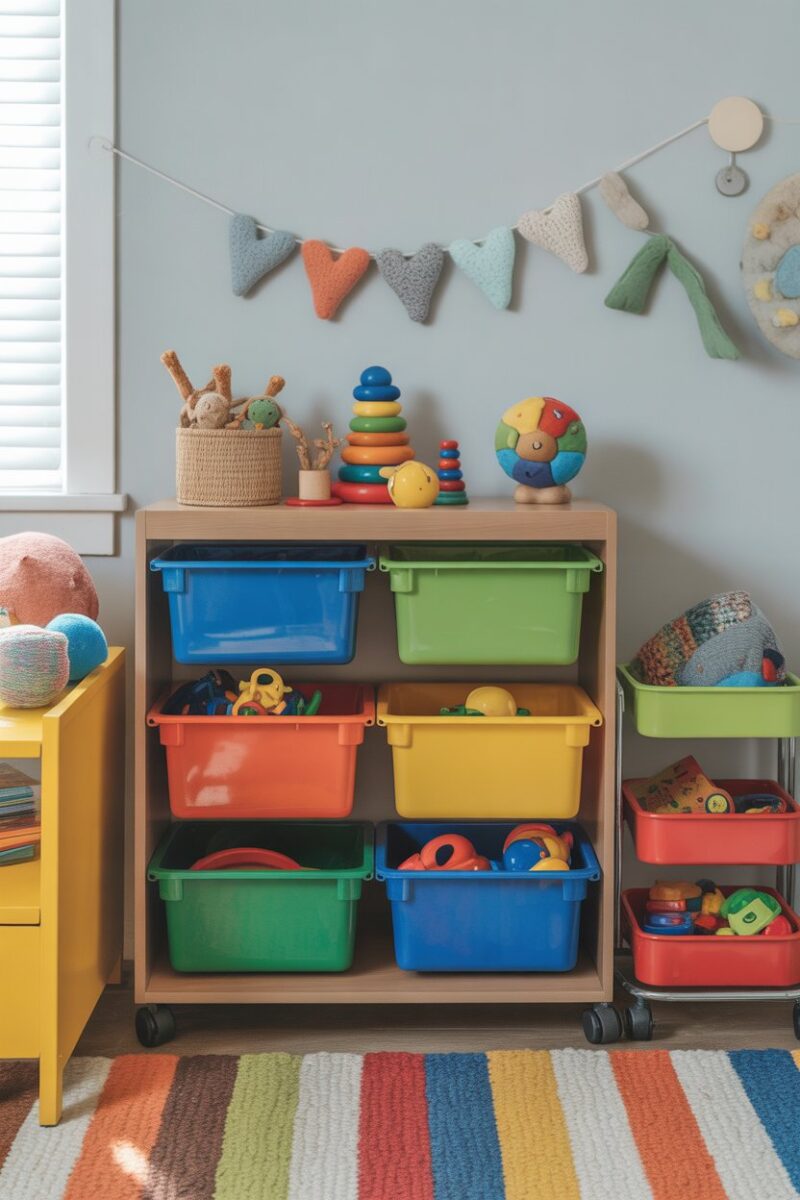 Colorful toy storage solutions in a child's room with bins and a rolling cart.