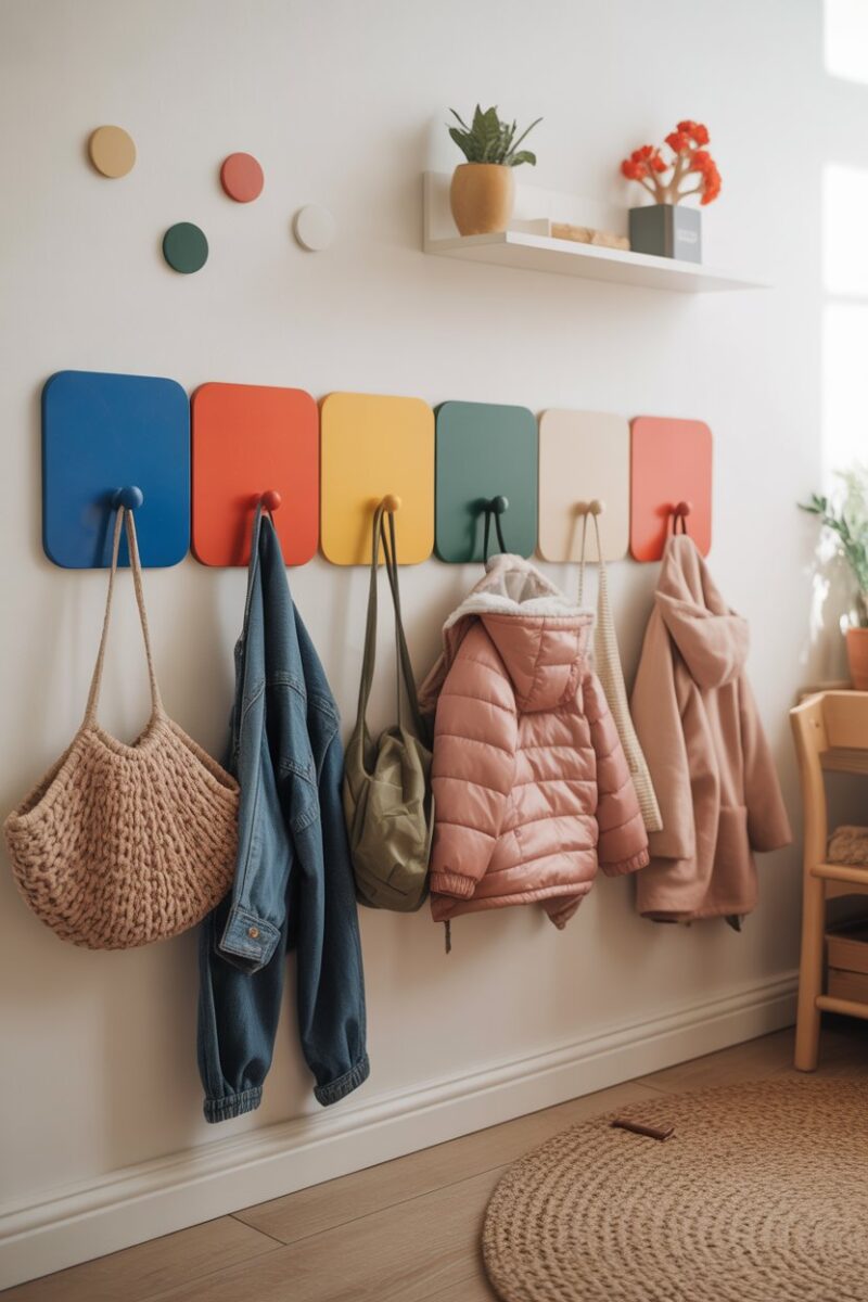 Colorful wall hooks with bags and jackets hanging in a child's room.