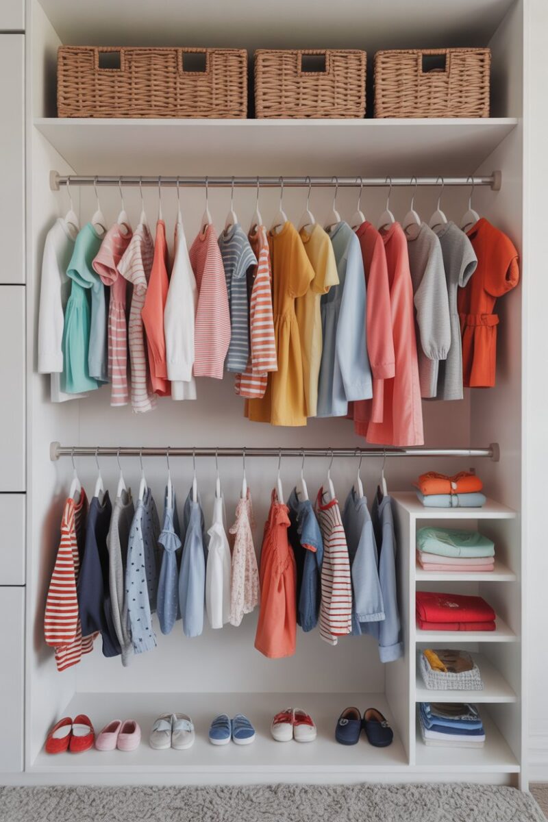 Organized closet with children's clothes neatly hung and folded.