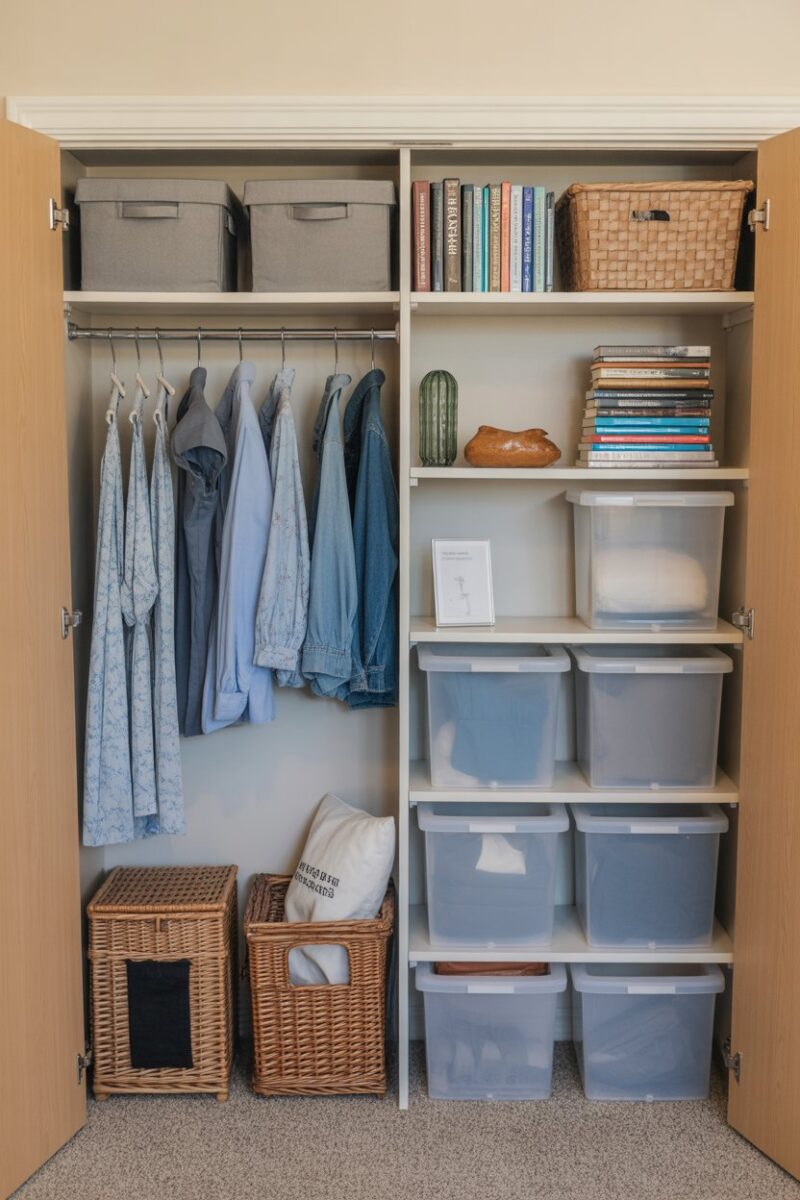 Organized dorm closet with clothes, books, and storage bins.