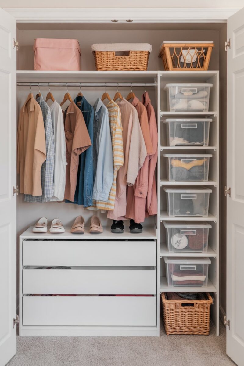 Organized dorm closet with clothes, shoes, and storage bins.