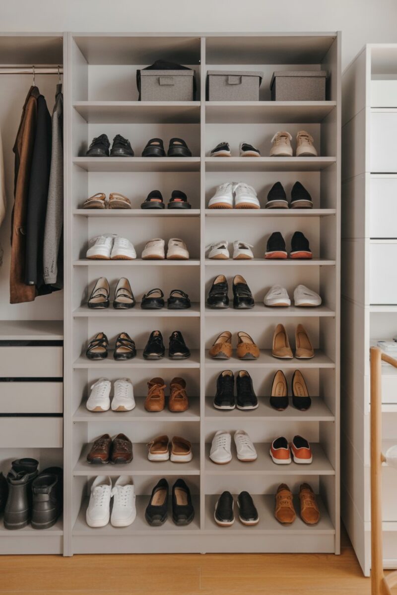 Organized dorm closet with various shoes neatly arranged on shelves.