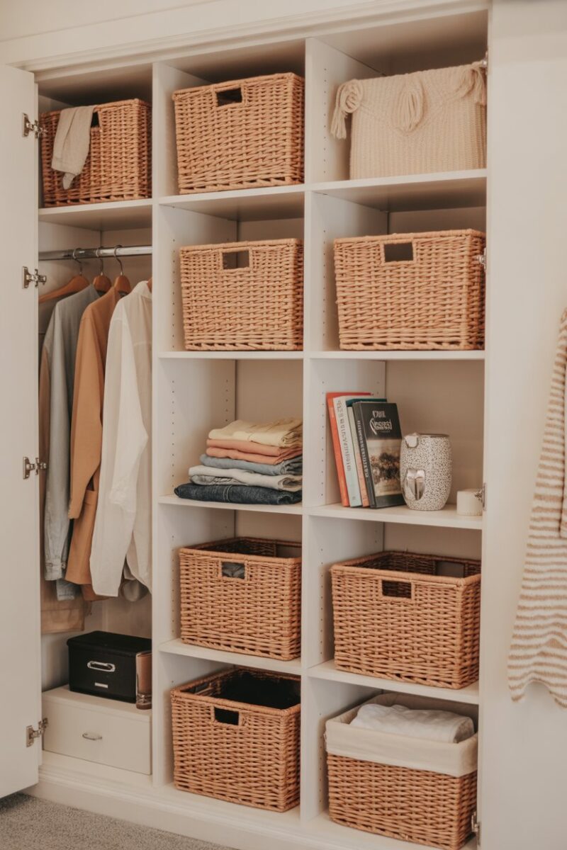 Organized dorm closet with woven baskets holding clothes and accessories.
