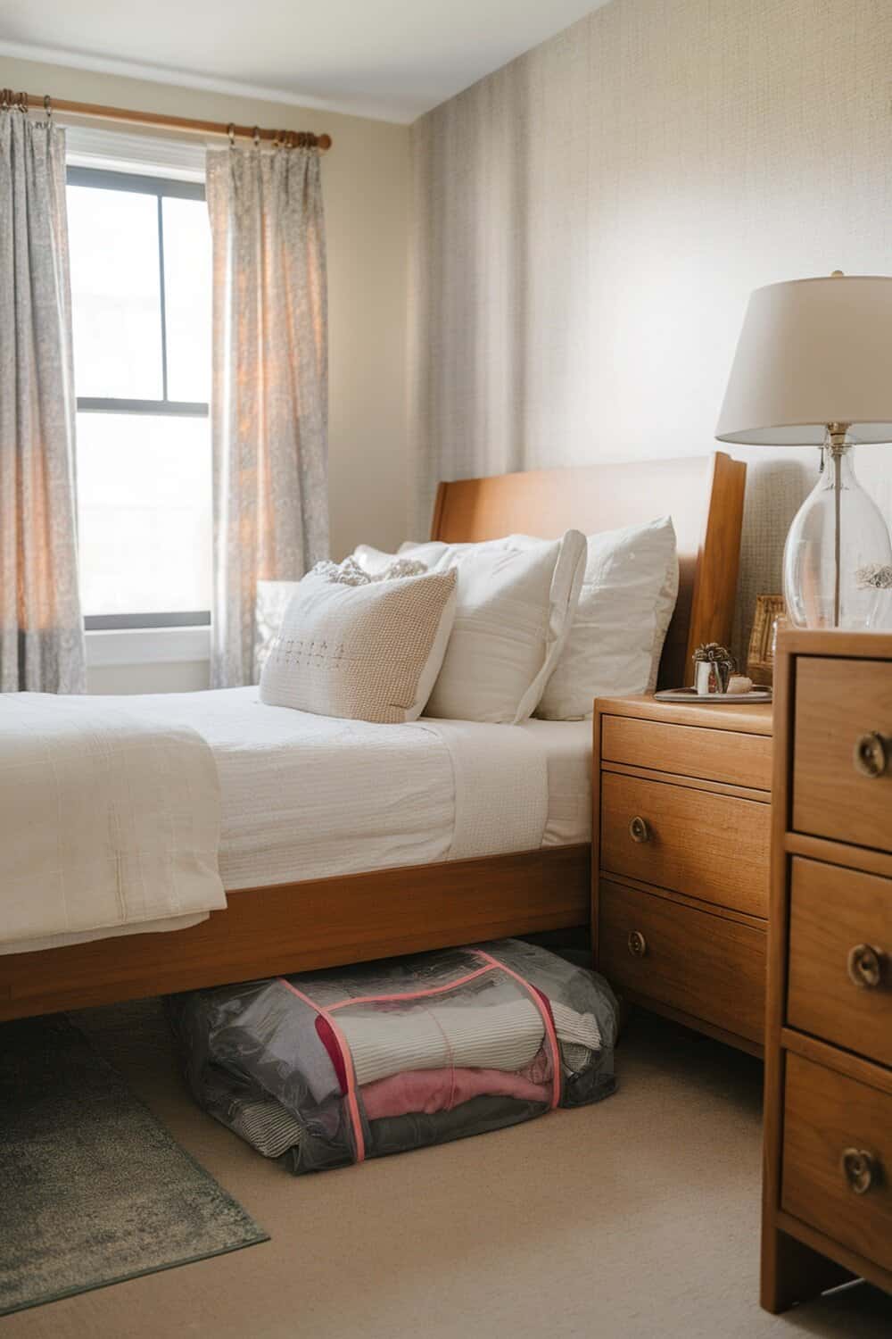 A small bedroom with a bed and a vacuum-sealed bag of clothing stored under it.