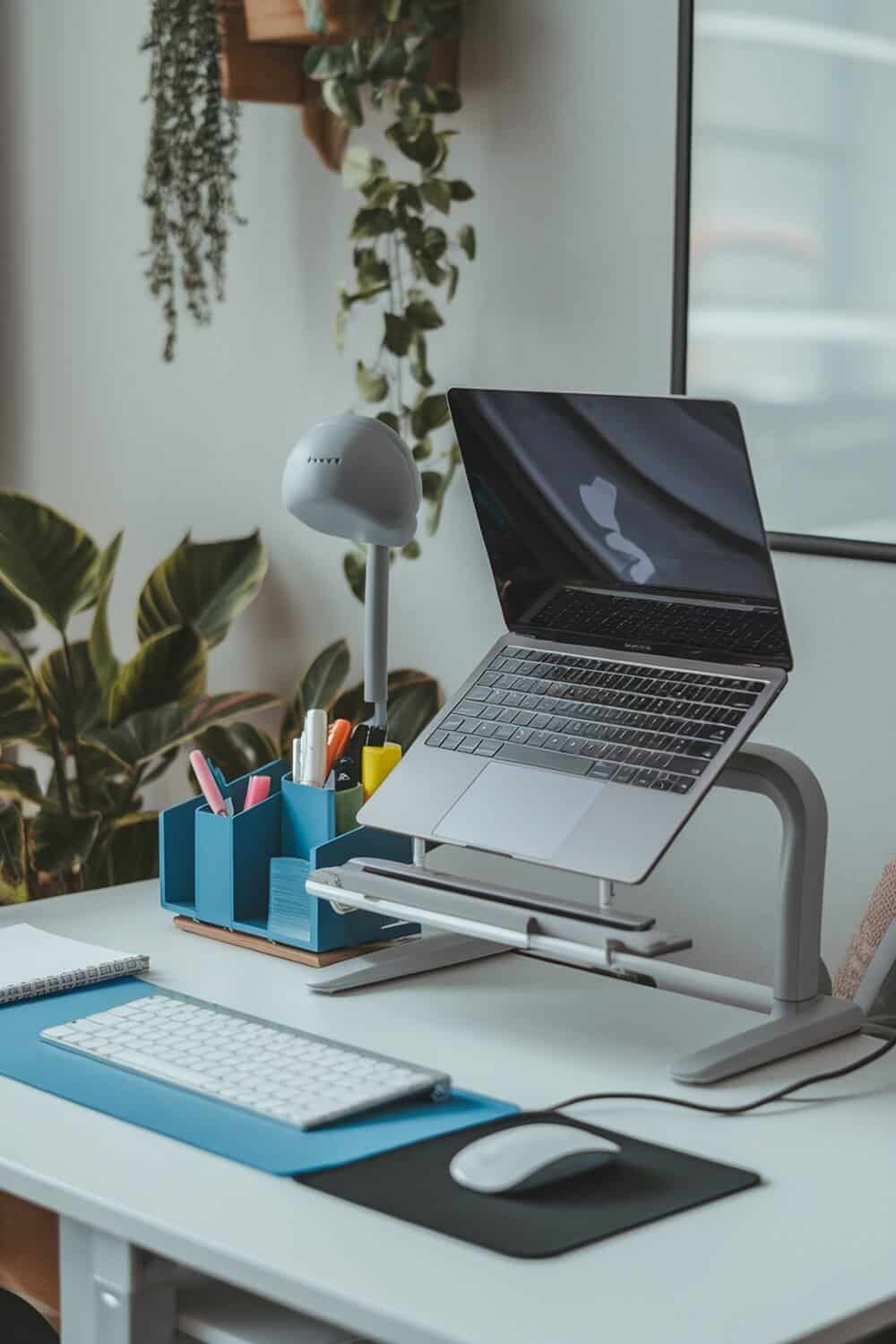 A well-organized dorm desk with a laptop stand, stationery holder, and a clean workspace.