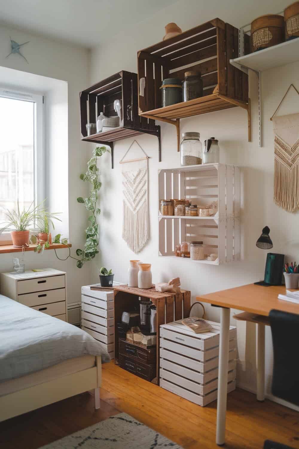 A small bedroom featuring wooden crates as wall shelves, plants, and a cozy atmosphere.