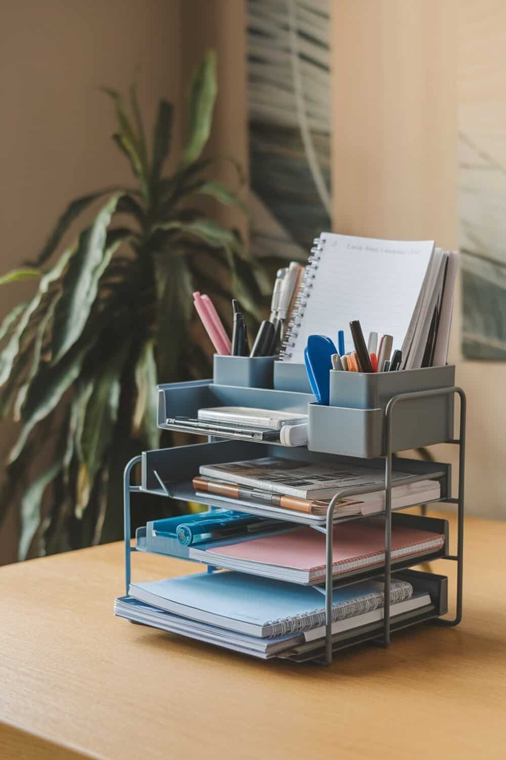 A multi-tiered desk organizer with notebooks, pens, and stationery on a wooden desk.