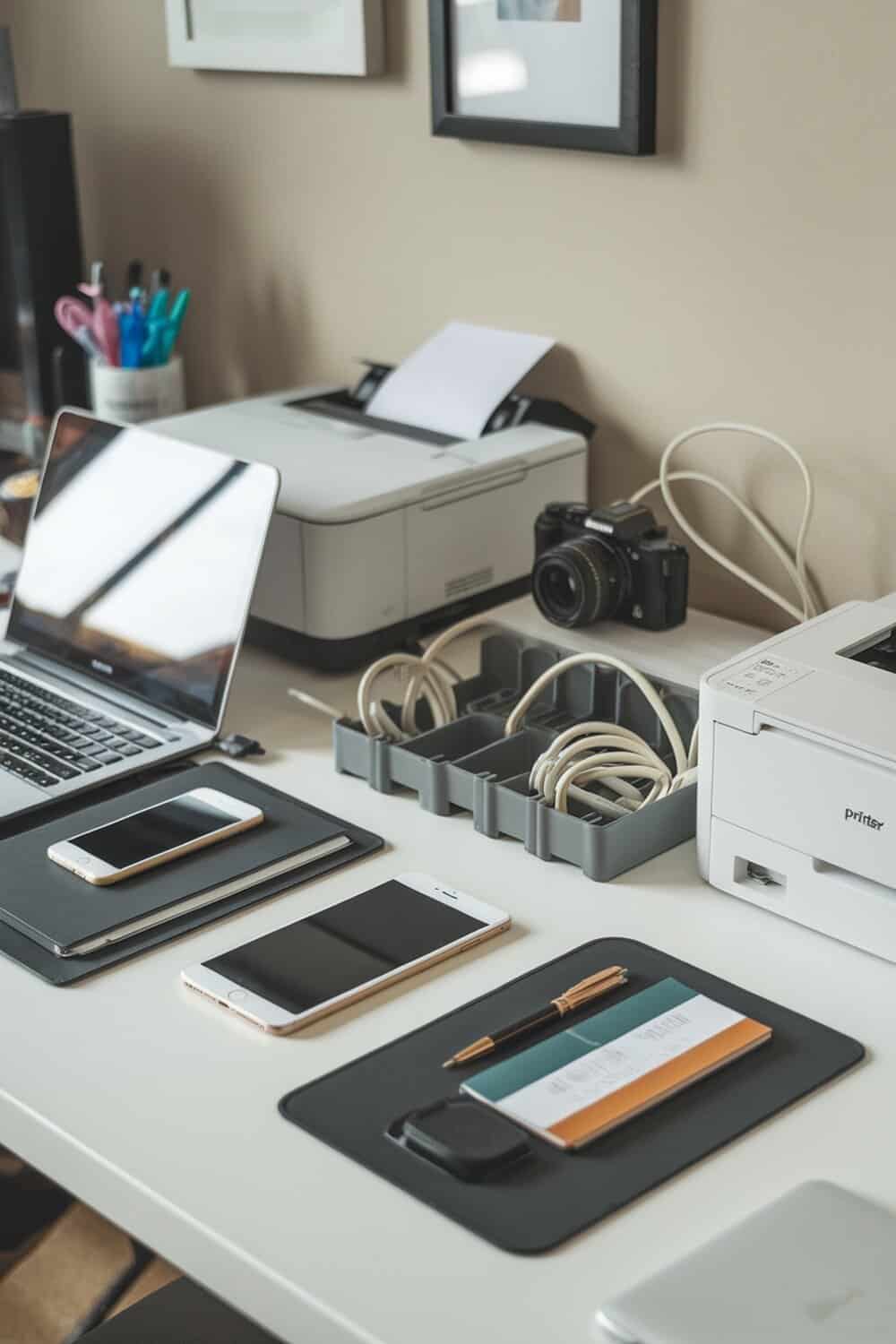 A tidy desk with organized tech gadgets and cords, including a laptop, phones, and a printer.