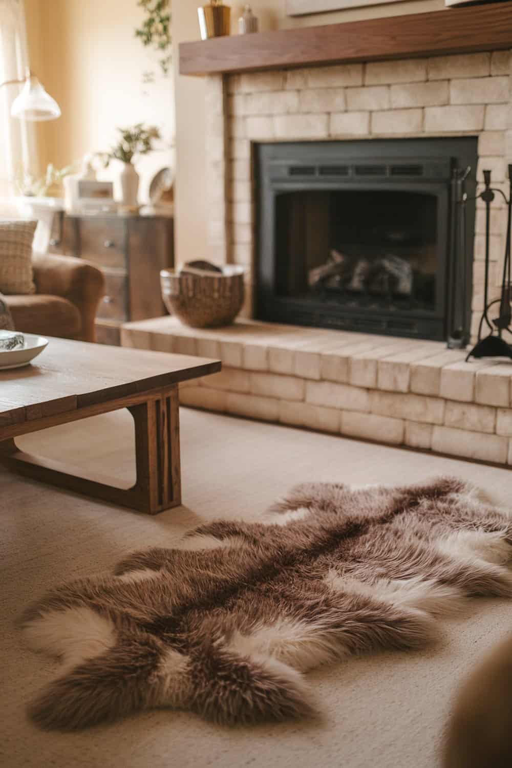 A cozy living room with a faux fur rug in front of a fireplace.