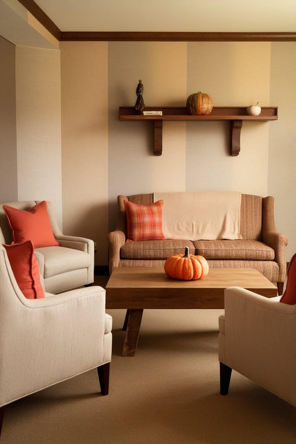 A cozy living room with warm knit throws and autumn decor.
