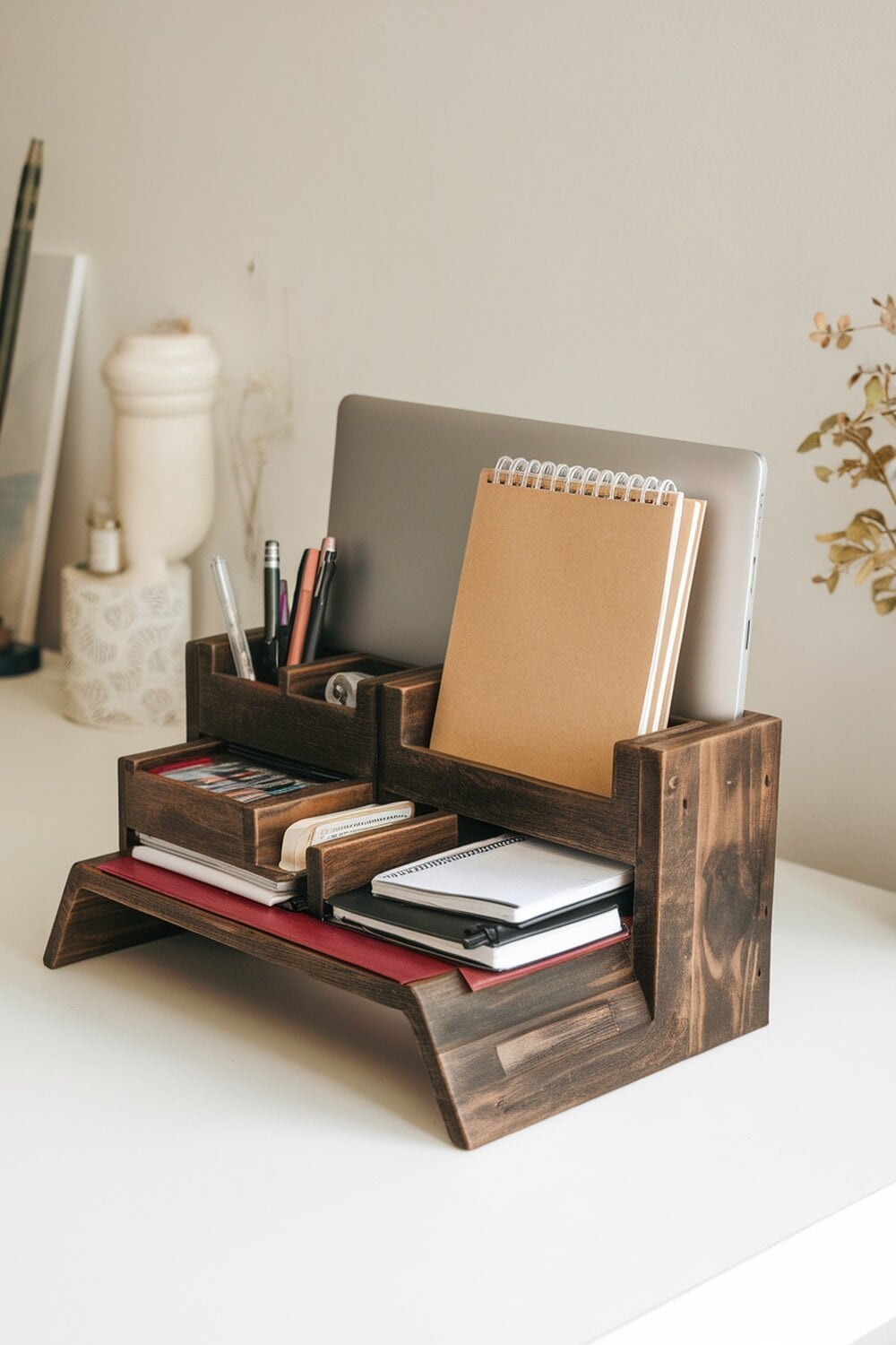 A wooden laptop stand with storage compartments for stationery and notebooks.