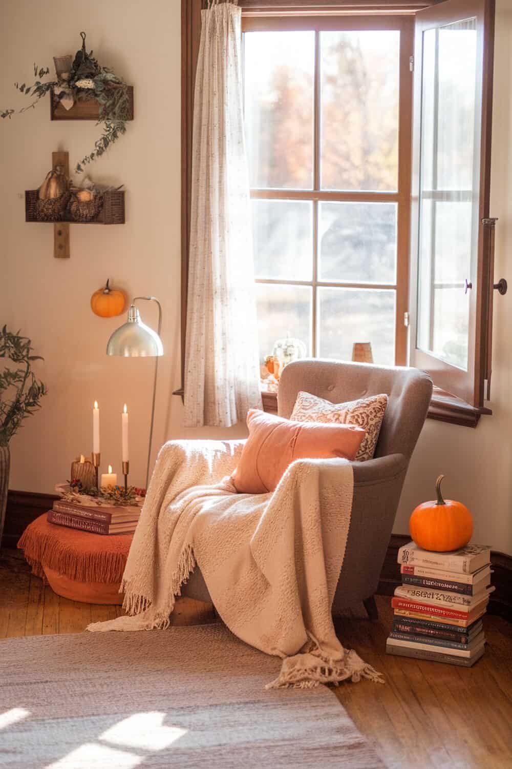 Cozy reading nook with a chair, blanket, pillows, candles, and pumpkins