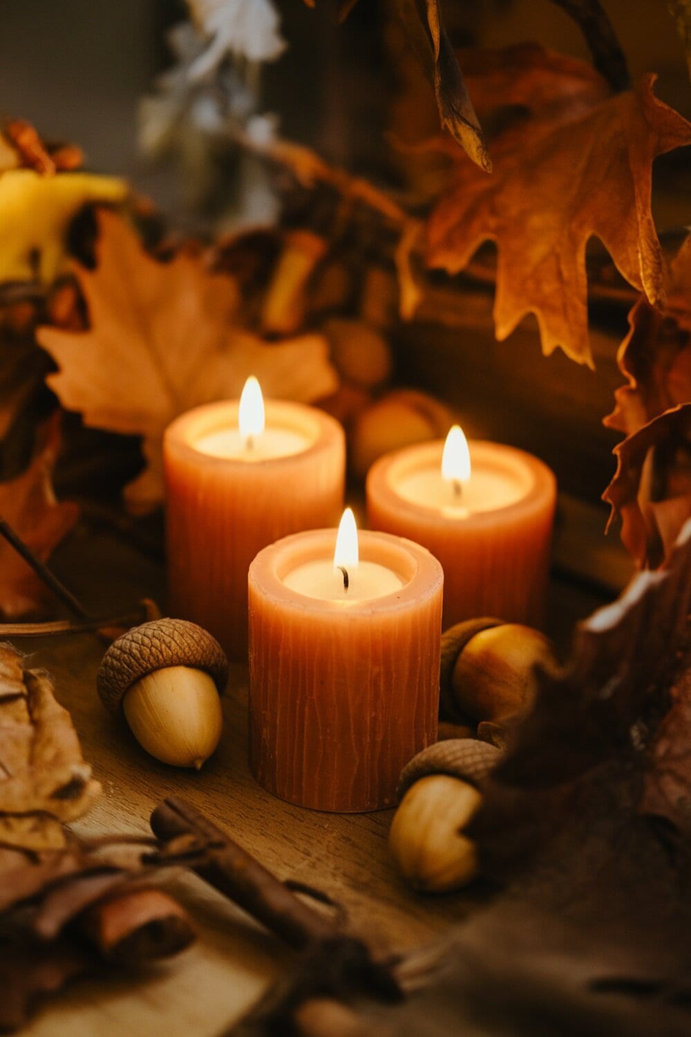 Three cinnamon scented candles surrounded by autumn leaves and acorns.