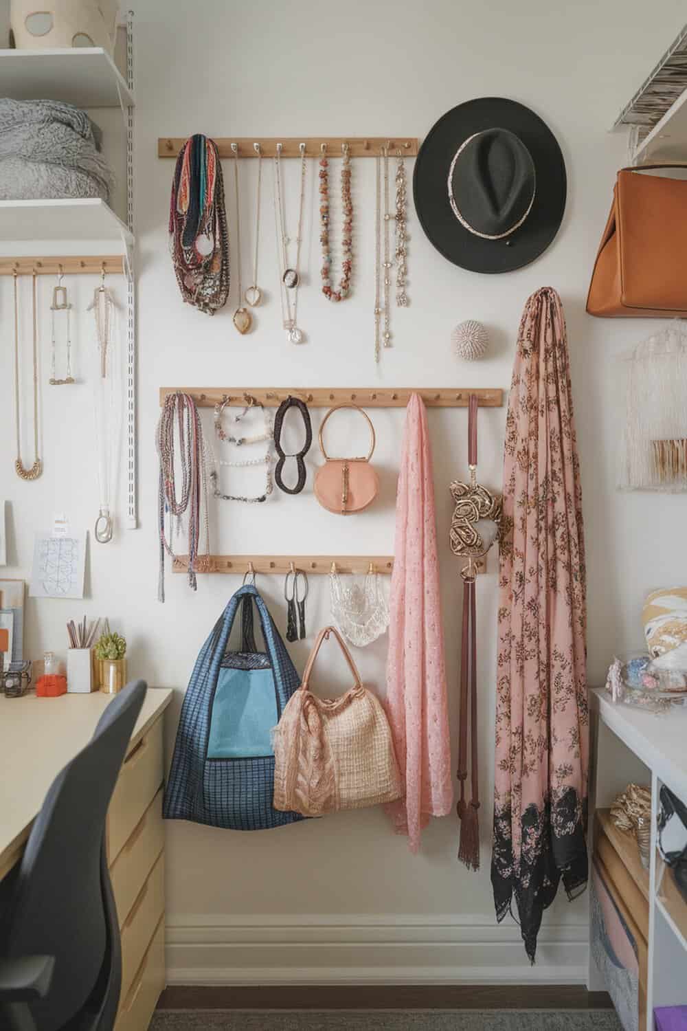 A well-organized wall with hooks displaying scarves, jewelry, and bags in a small bedroom.