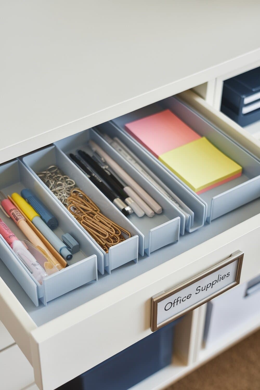 Organized drawer with stationery supplies including pens, paperclips, and sticky notes.