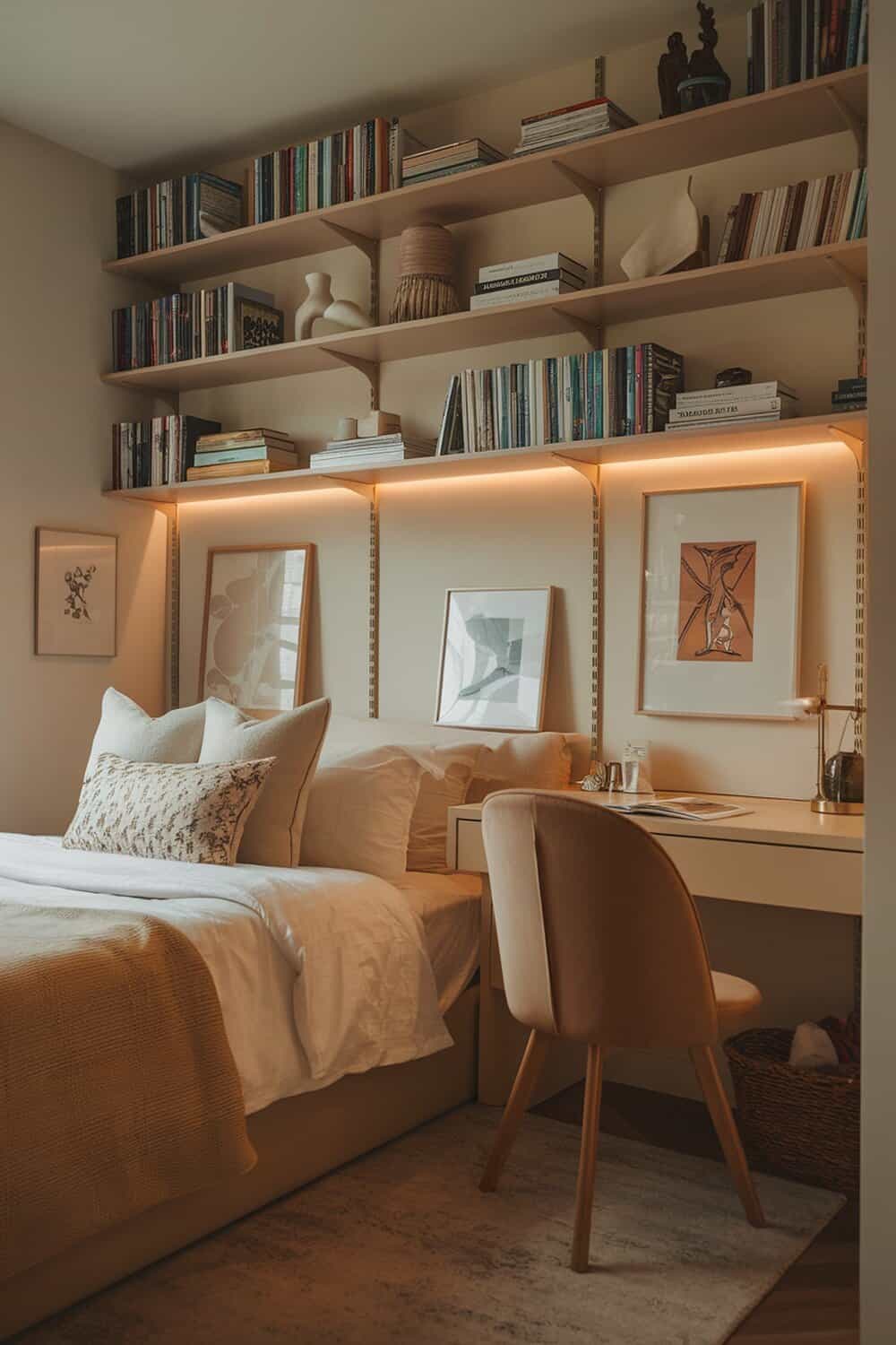 A cozy small bedroom with shelves above the bed displaying books and decor.