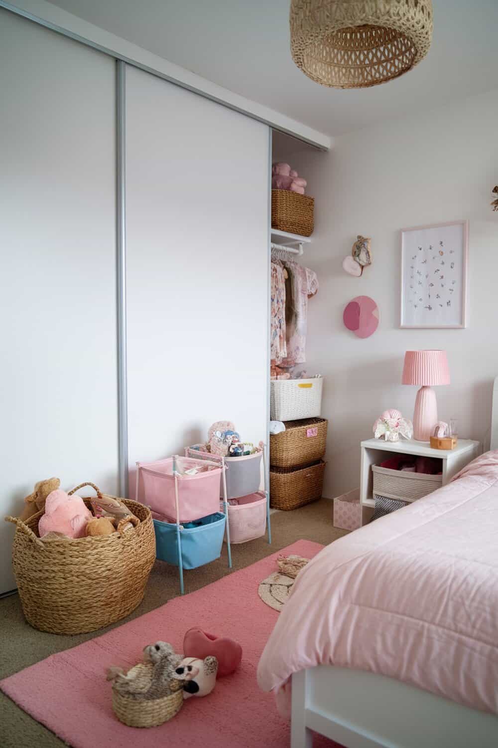 A cozy small bedroom with various baskets and bins for organization.
