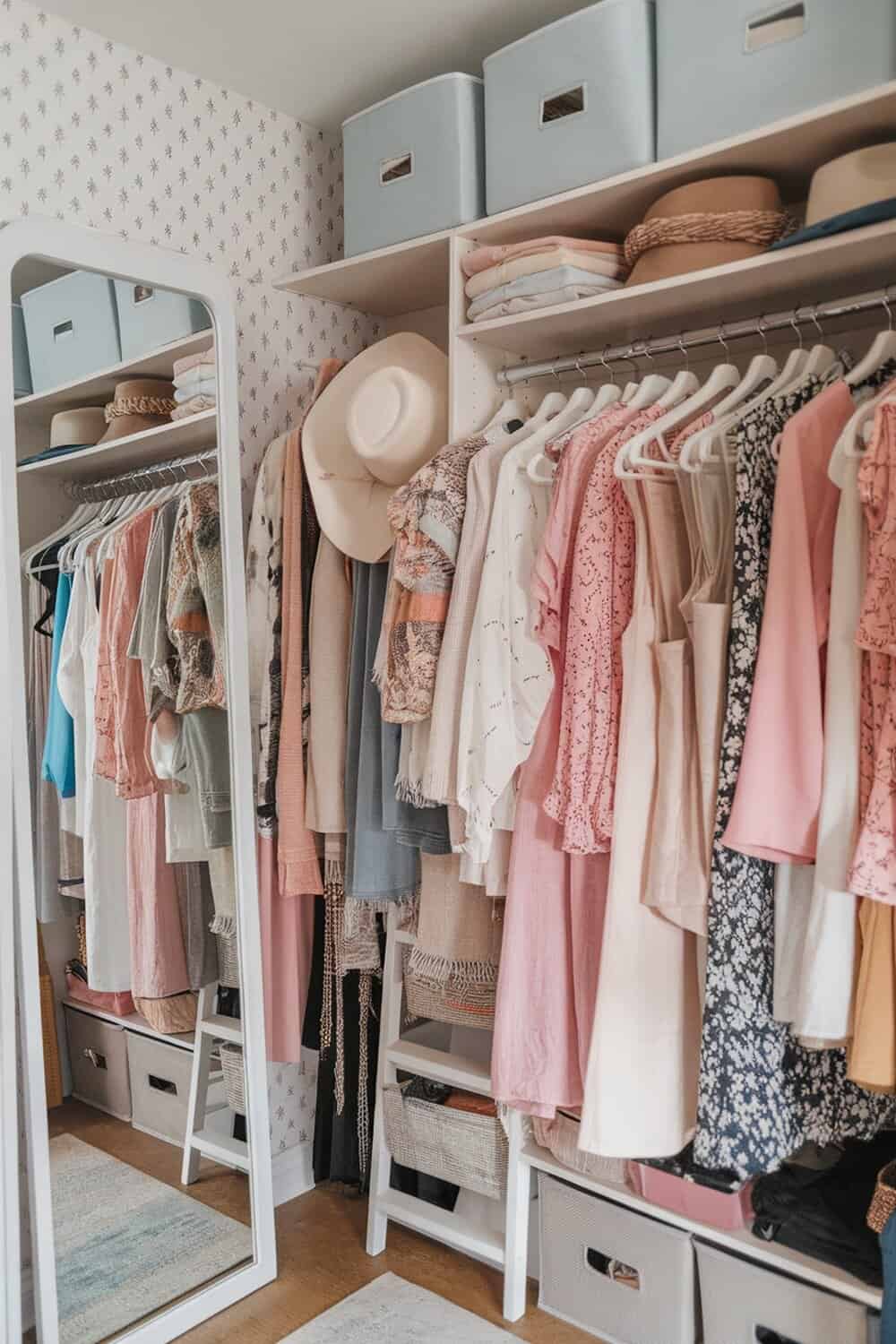 A well-organized dorm closet featuring a full-length mirror, colorful clothing, and storage boxes.