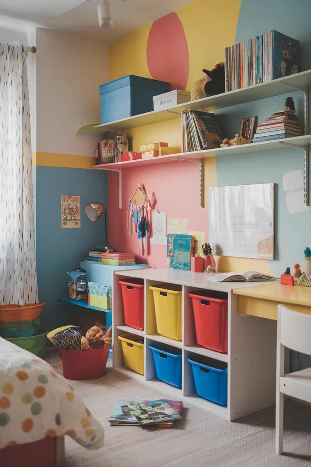 A colorful small bedroom with organized storage solutions for kids, featuring bins and shelves.