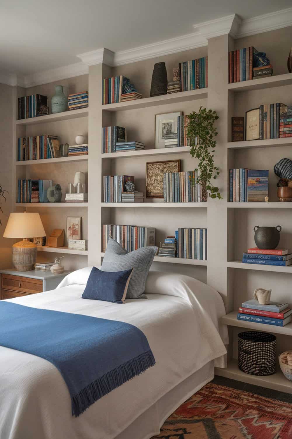 A cozy small bedroom with wall-mounted shelving displaying books and decorative items.