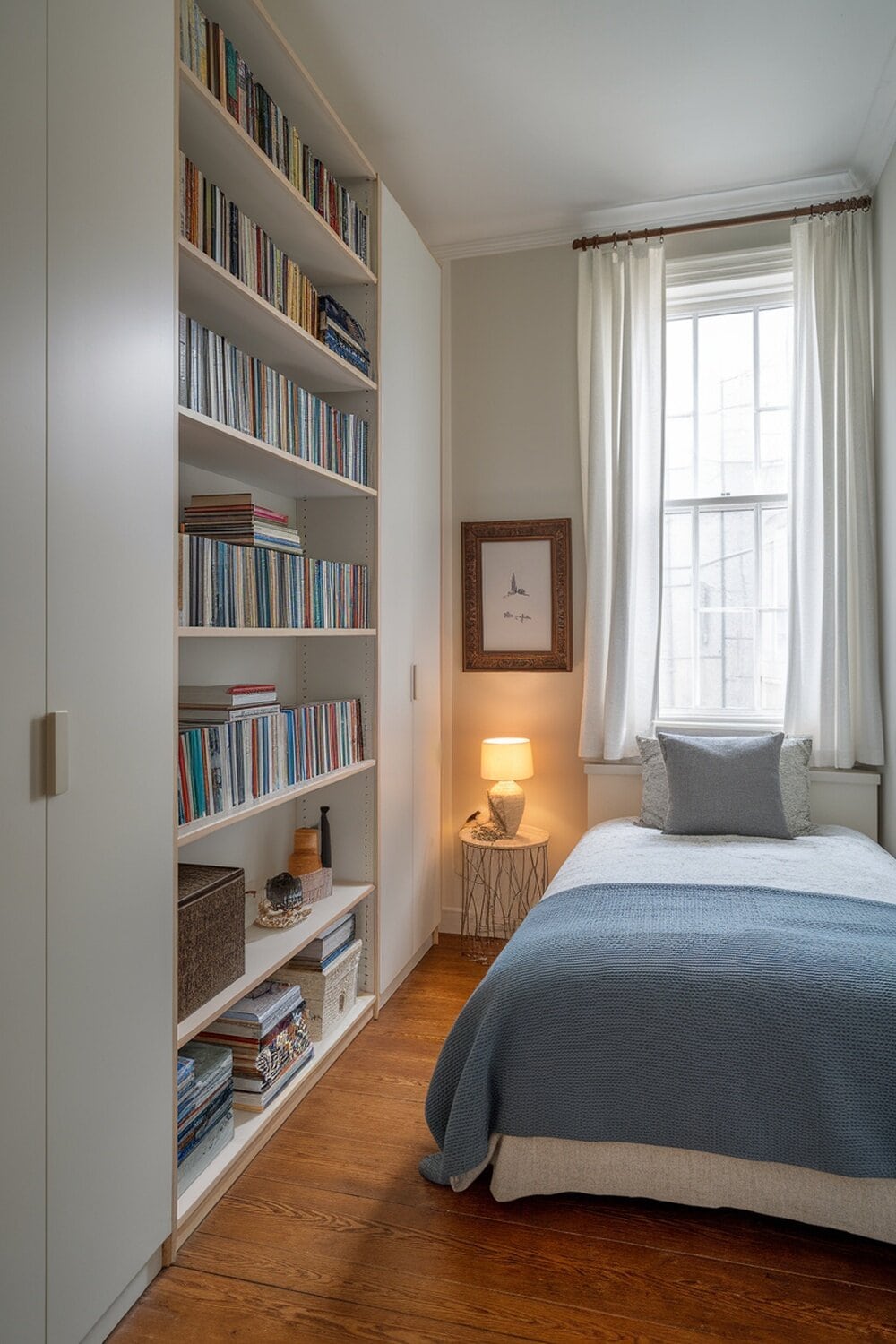 A small bedroom with a bed and tall bookshelf filled with books and decorative items.