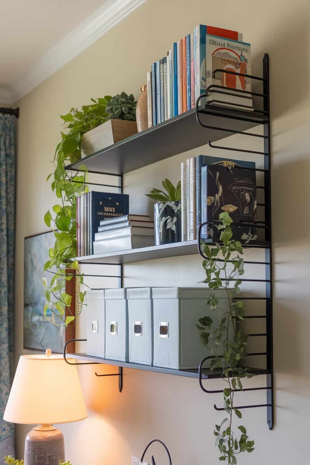 A stylish wall-mounted shelf with books, plants, and storage boxes.