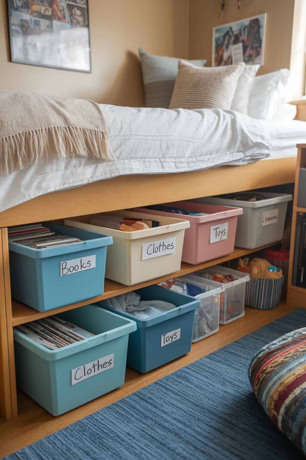 Organized under-bed storage with labeled bins for clothes, books, and toys.
