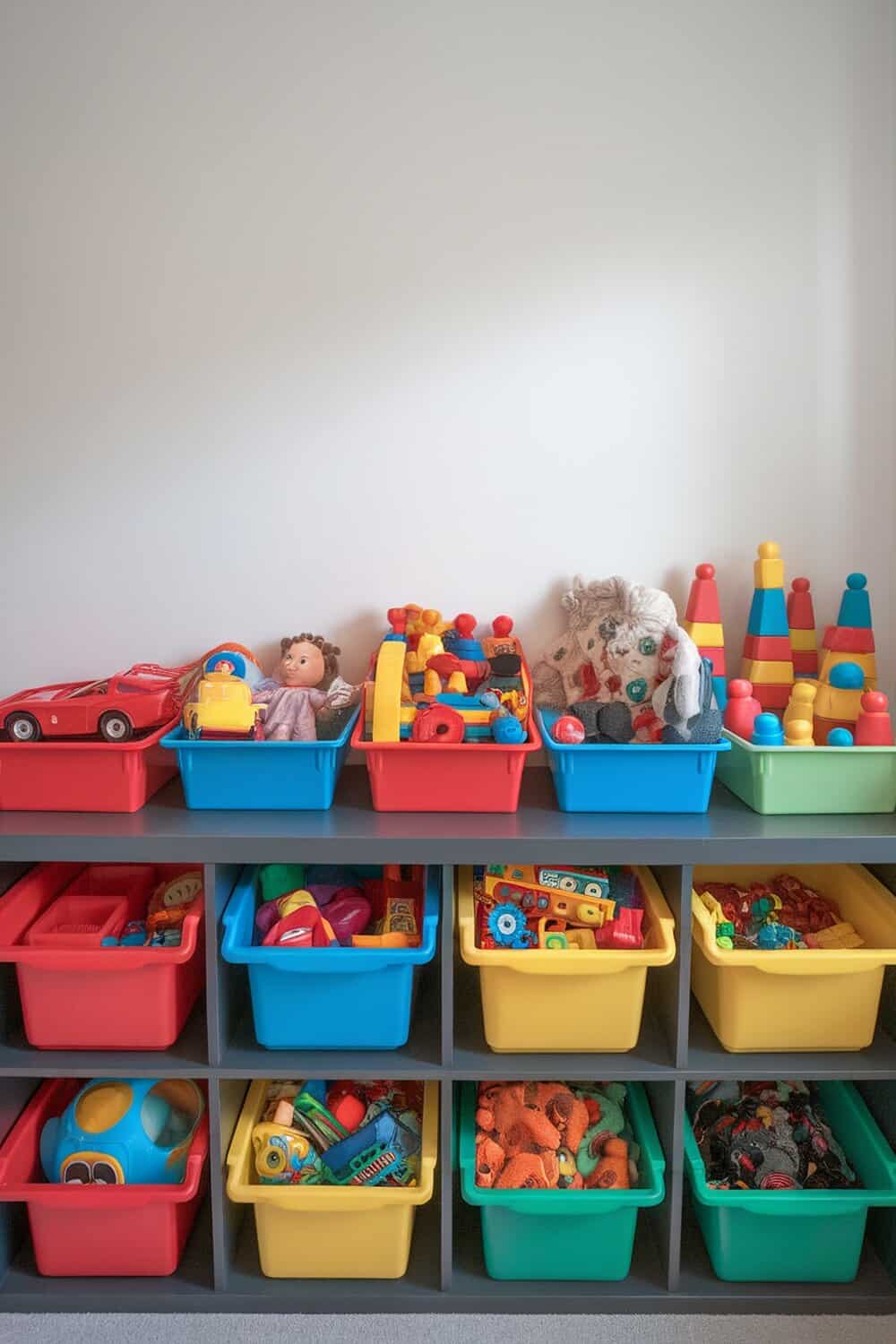 Color-coded toy bins filled with various toys in a children's room.
