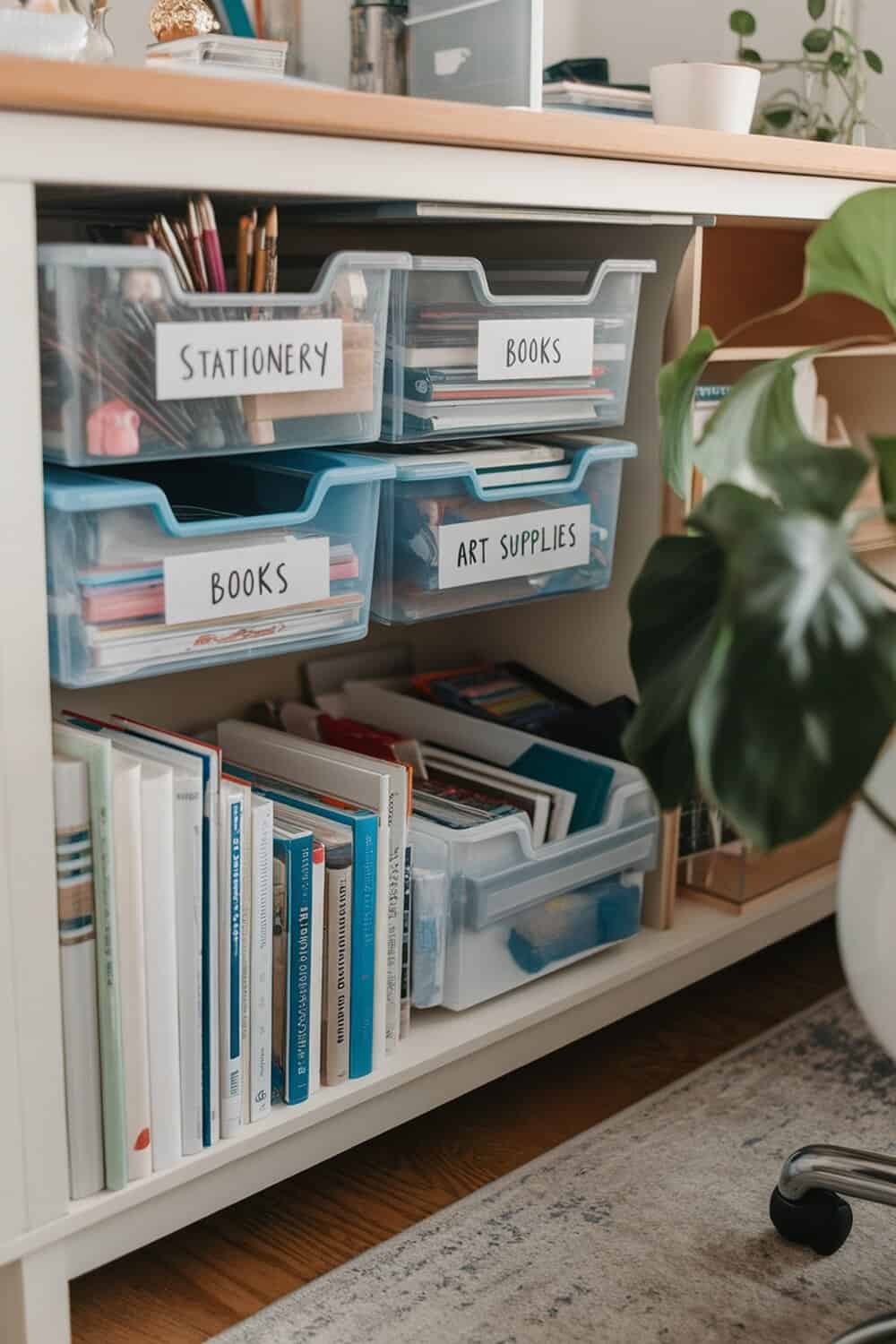 Organized under-desk storage bins with labeled sections for stationery, books, and art supplies.