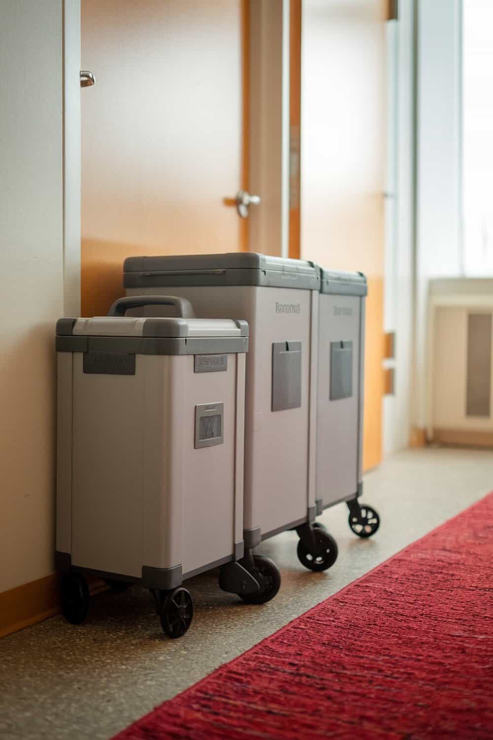Three portable storage bins on wheels in a hallway.