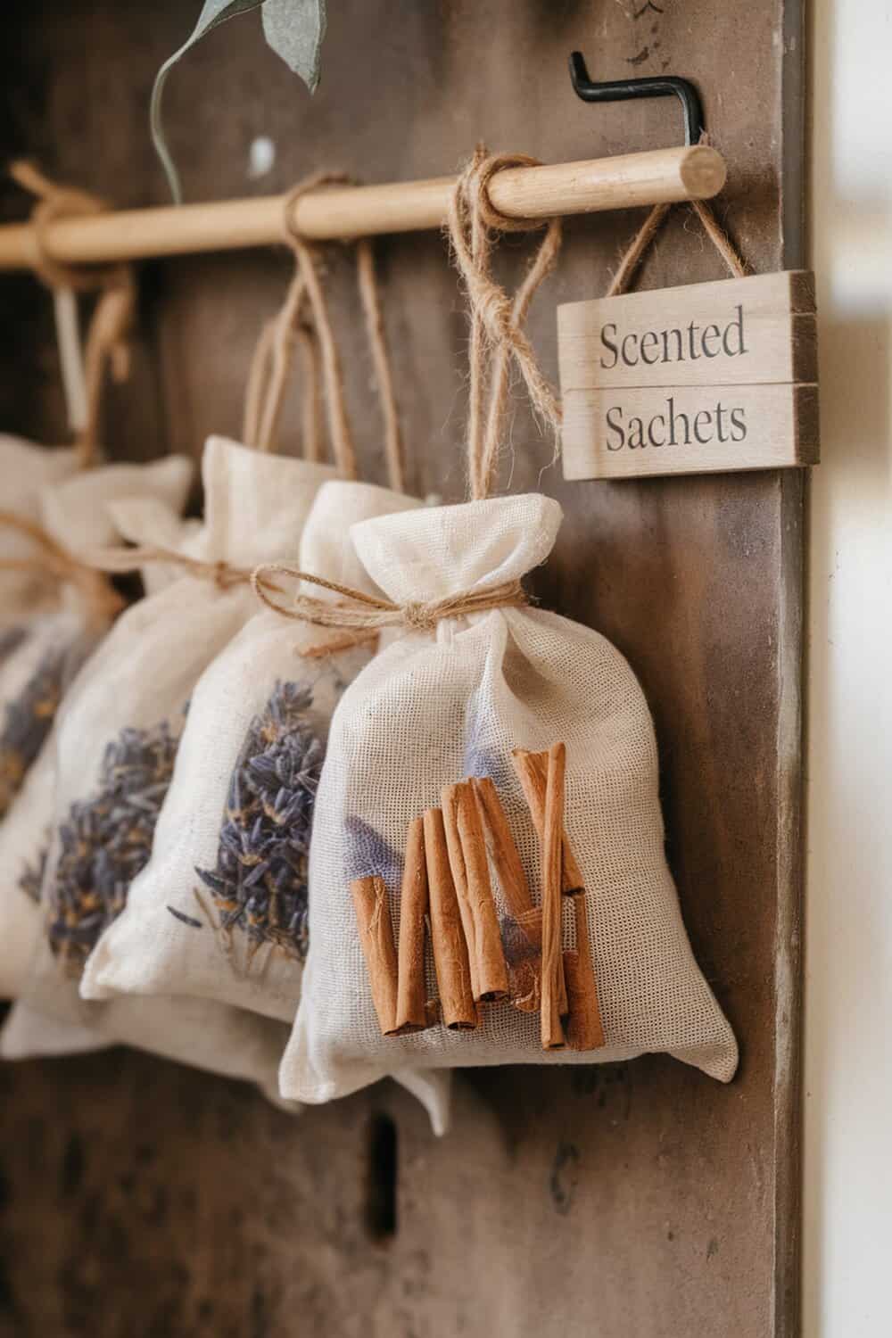 Scented sachets filled with lavender and cinnamon sticks hanging on a wooden rack.