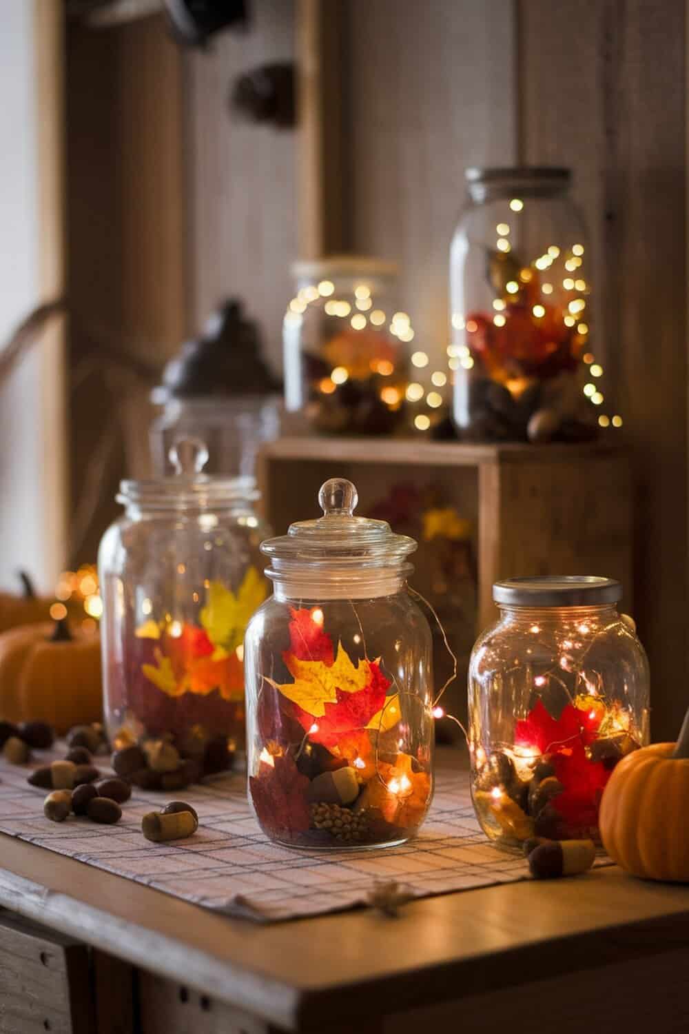Glass jars filled with autumn leaves and fairy lights on a wooden table.