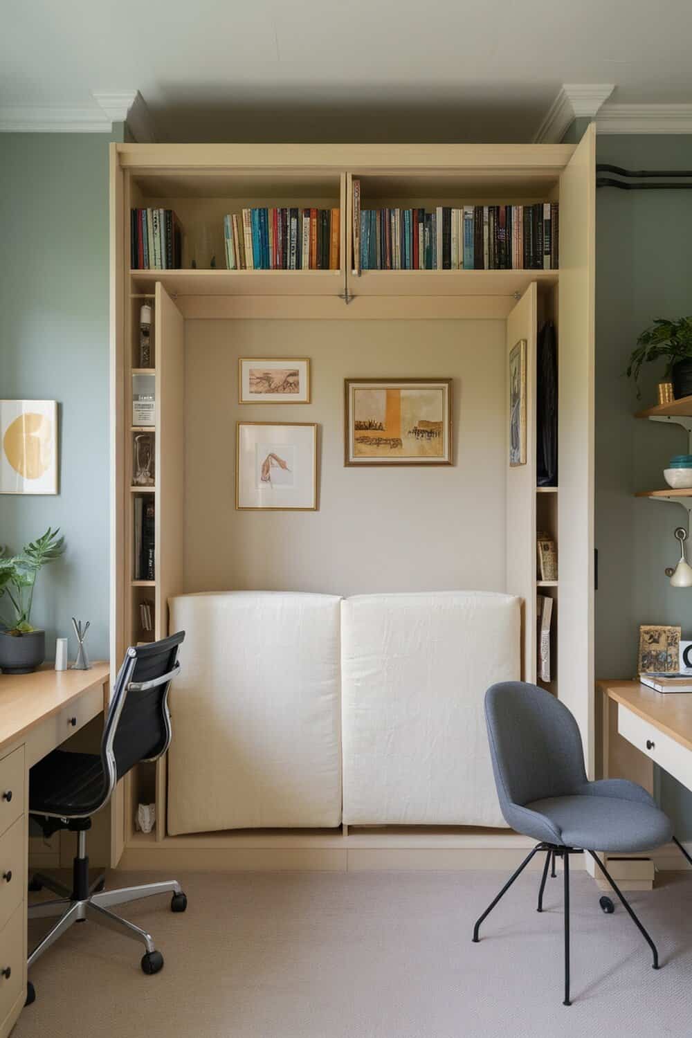 A cozy small bedroom featuring a Murphy bed with bookshelves and a desk.
