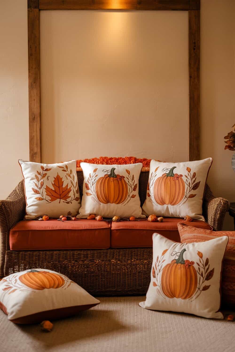 Cozy fall-themed throw pillows featuring pumpkins and leaves on a couch.