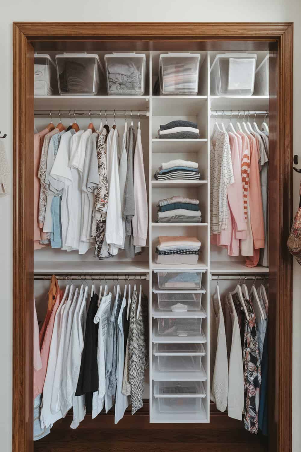 Organized closet with clothes on hangers and clear storage bins.