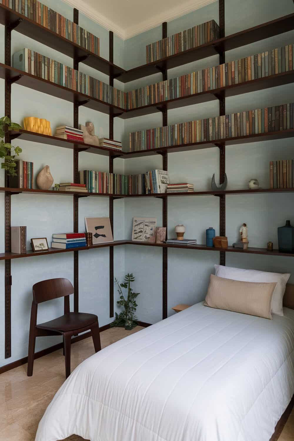 A small bedroom with tall shelves filled with books and decorative items.