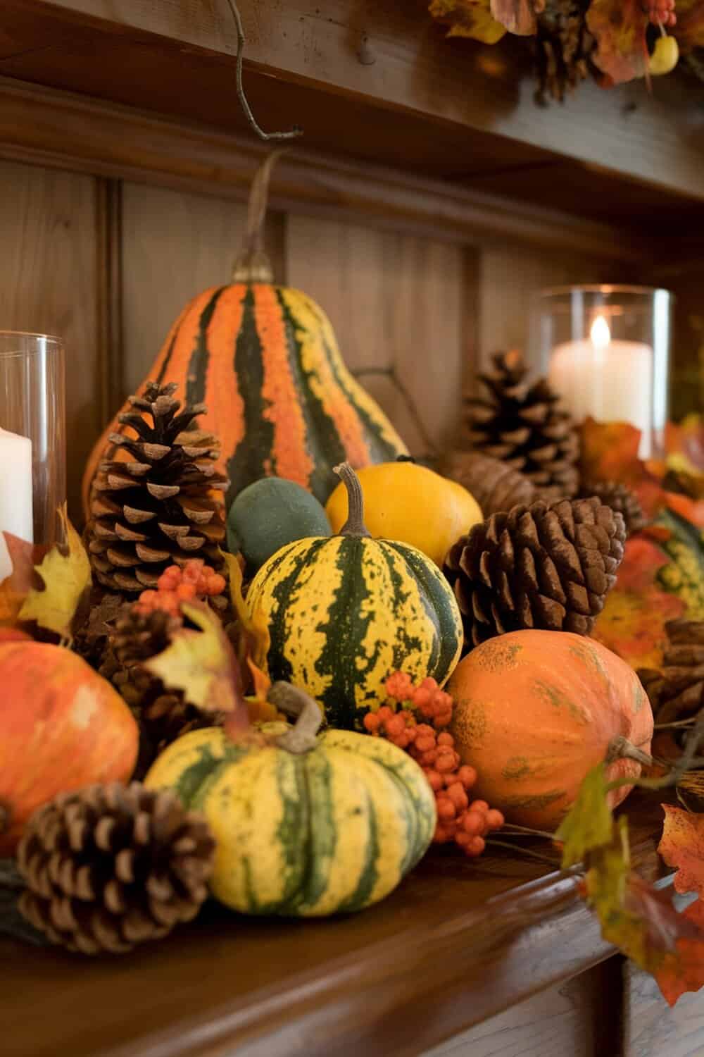 A cozy fall decor arrangement featuring gourds and pinecones.