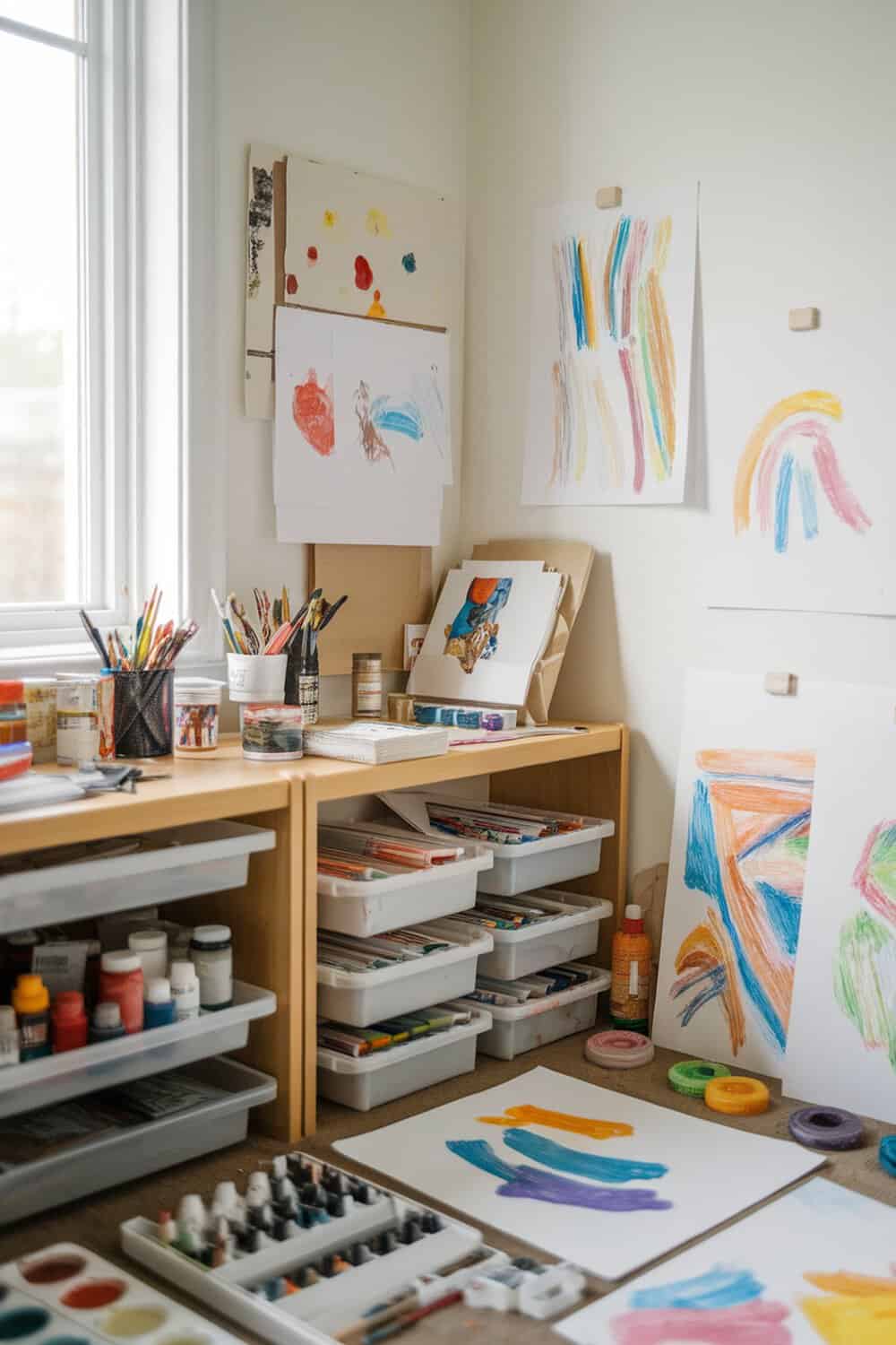 A colorful art station with organized supplies and children's artwork displayed on the walls.