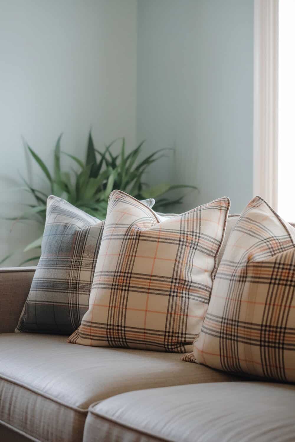 Three flannel fabric pillows in different patterns on a couch.