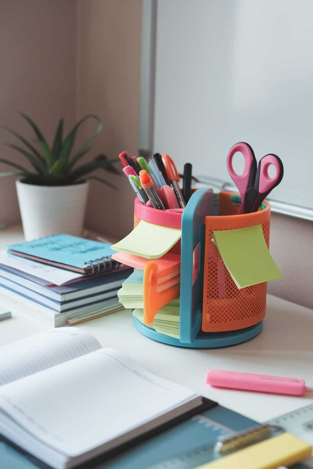 Colorful rotating desk caddy filled with pens, scissors, and sticky notes on a study desk.
