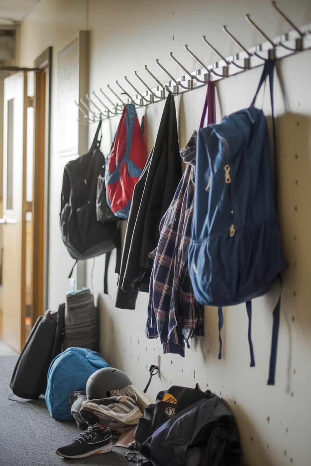 A wall with hooks displaying various bags and coats, showcasing an organized space.