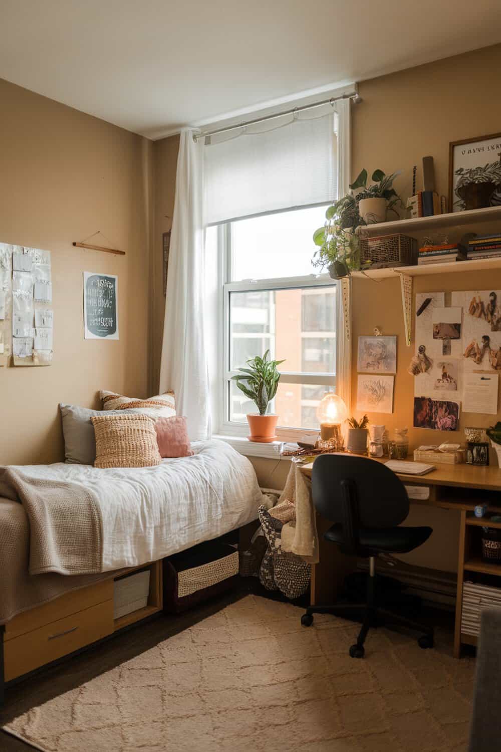 A cozy dorm room with a bed, desk, and plants by the window.