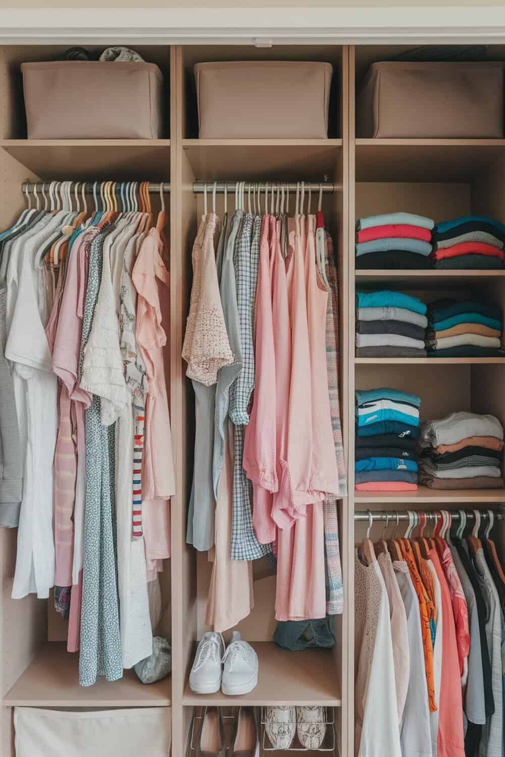 Organized dorm closet with color-coded clothing and neatly folded items.
